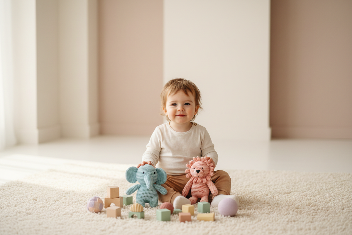 A high-quality, modern lifestyle photograph of a happy toddler (2–4 years old) sitting on a soft, neutral rug, gently playing with handmade, sustainable toys.

The toys are pastel-colored, soft-textured, and eco-friendly (crocheted animals, wooden blocks, sensory toys).

The child looks joyful, calm, and curious, with natural expressions and soft lighting.

Background is minimal, airy, and slightly blurred (light cream or soft pastel tones), leaving clean negative space.

Style is premium, modern, and minim
